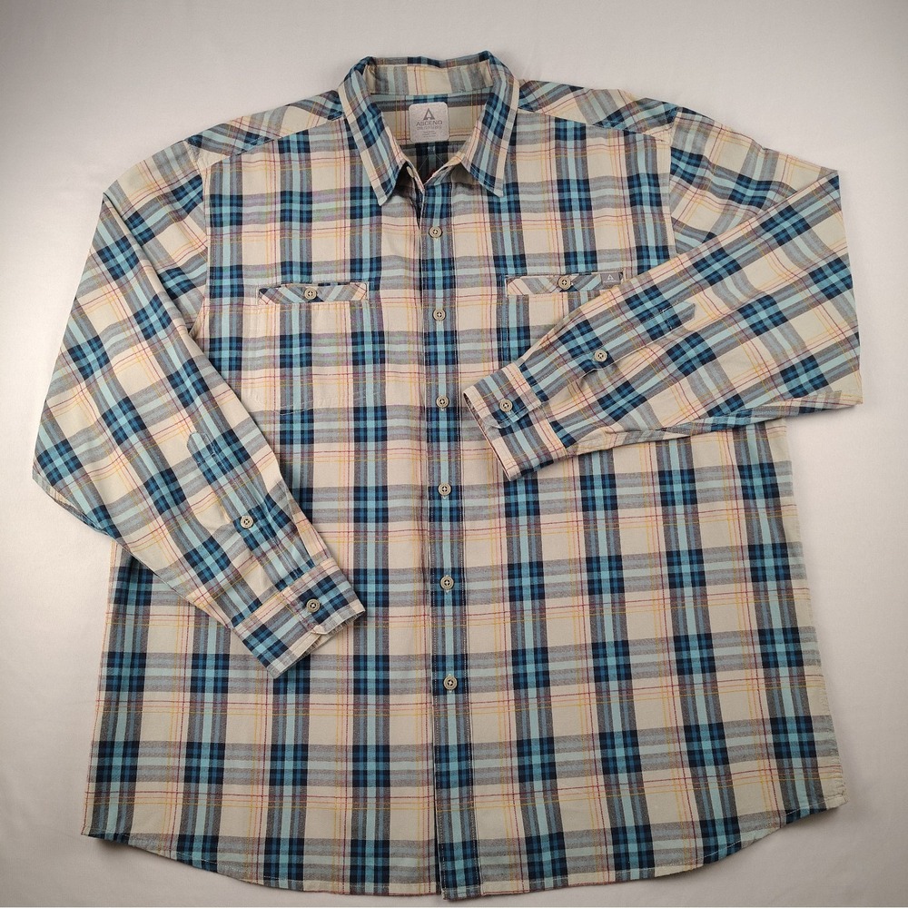 Ascend Shirt Mens 2XL Plaid Button Up Teal Beige Red Yellow Outdoor Long Sleeve